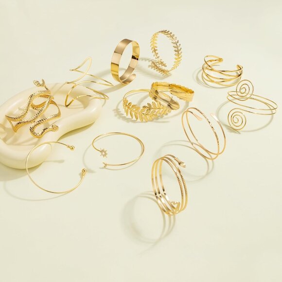 Boho Luxe 12 Pcs Upper Arm Cuffs Set - Golden Stainless Steel Bracelets - Picture 5 of 7